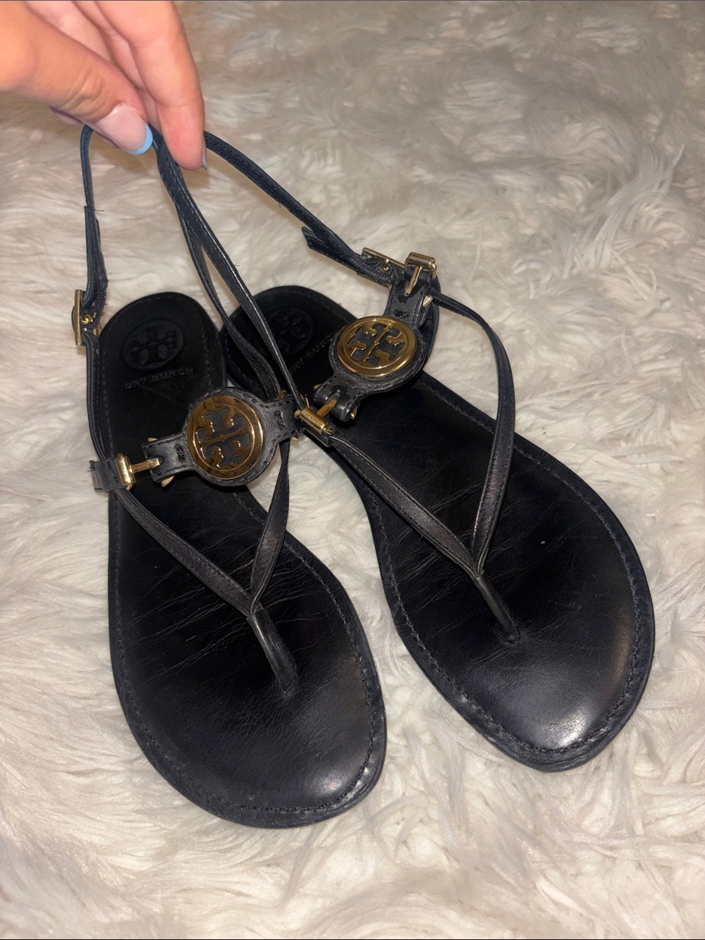 Tory Burch Black Leather Thong Sandals with Gold Logo Medallions